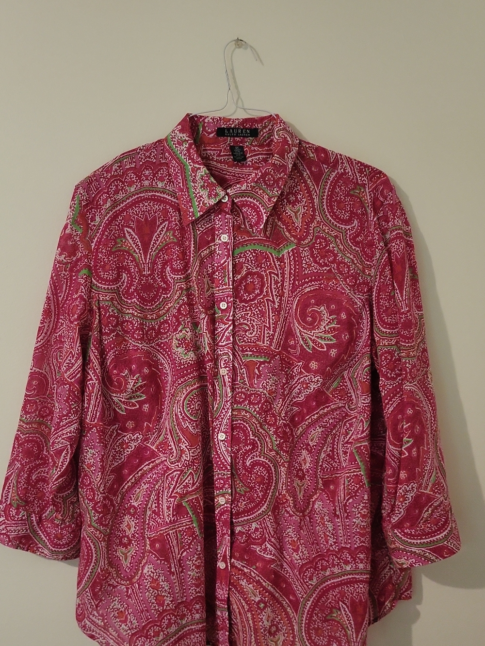 Lauren Ralph Lauren Hot Pink Paisley Cotton Button-Down Shirt 3/4 Sleeve